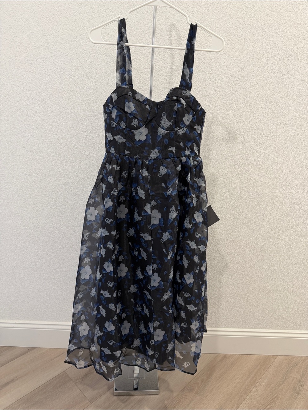 Lulu's Black Floral Midi Dress with Blue Flowers - Picture 2 of 4